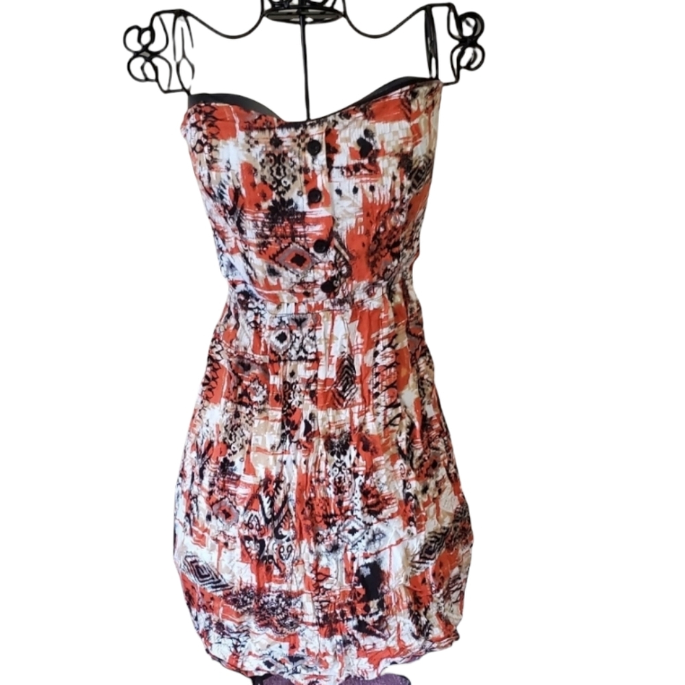 Forever 21 Strapless Artisti Summer Dress Black White Burnt Orange Petite Small